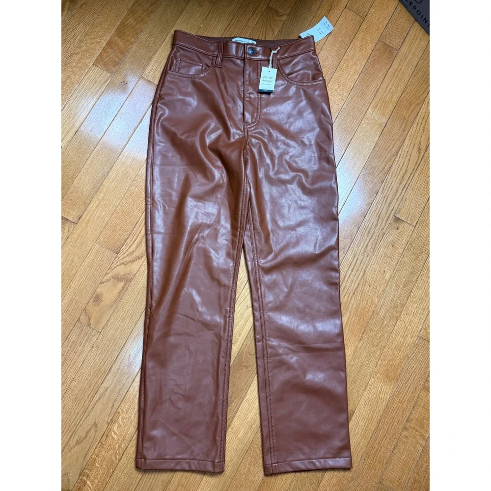Abercrombie & Fitch 90s Straight Ultra High Rise Vegan Leather Pants Brown 27 4S